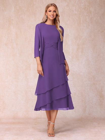 Robes de Soirée Mi-Longues sans Manches Fourreau/Colonne en Scoop avec Volants & Veste à Manches Longues