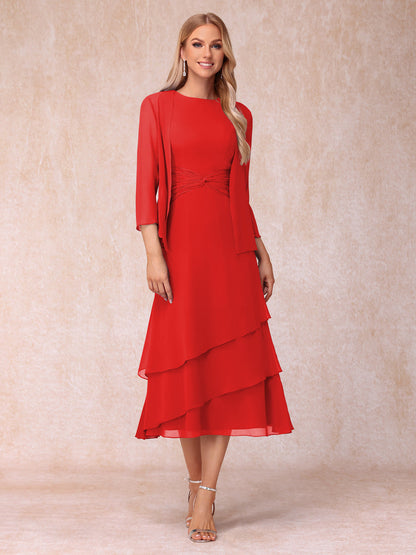 Robes de Soirée Mi-Longues sans Manches Fourreau/Colonne en Scoop avec Volants & Veste à Manches Longues