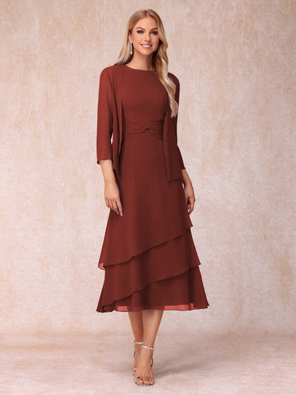 Robes de Soirée Mi-Longues sans Manches Fourreau/Colonne en Scoop avec Volants & Veste à Manches Longues