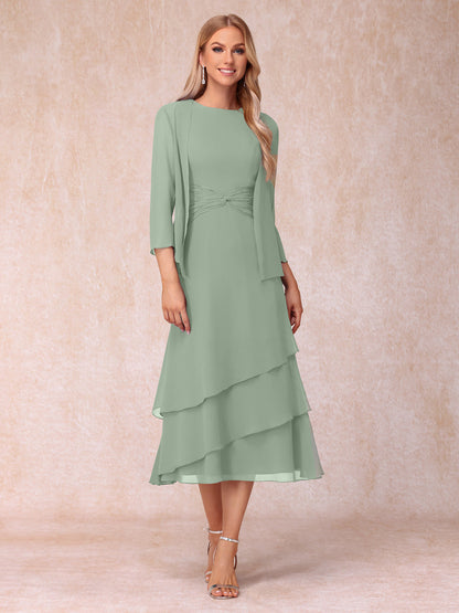 Robes de Soirée Mi-Longues sans Manches Fourreau/Colonne en Scoop avec Volants & Veste à Manches Longues