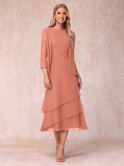 Robes de Soirée Mi-Longues sans Manches Fourreau/Colonne en Scoop avec Volants & Veste à Manches Longues