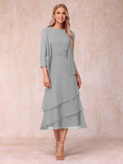 Robes de Soirée Mi-Longues sans Manches Fourreau/Colonne en Scoop avec Volants & Veste à Manches Longues