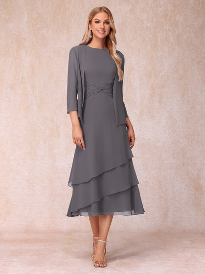 Robes de Soirée Mi-Longues sans Manches Fourreau/Colonne en Scoop avec Volants & Veste à Manches Longues