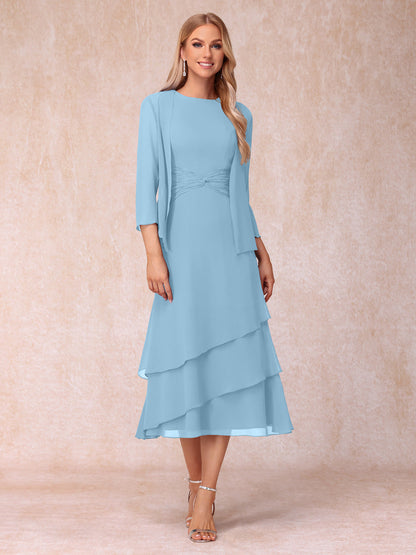 Robes de Soirée Mi-Longues sans Manches Fourreau/Colonne en Scoop avec Volants & Veste à Manches Longues