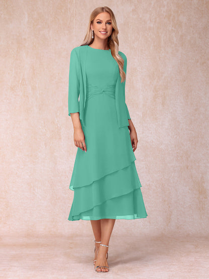 Robes de Soirée Mi-Longues sans Manches Fourreau/Colonne en Scoop avec Volants & Veste à Manches Longues