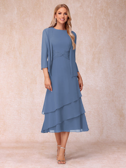 Robes de Soirée Mi-Longues sans Manches Fourreau/Colonne en Scoop avec Volants & Veste à Manches Longues