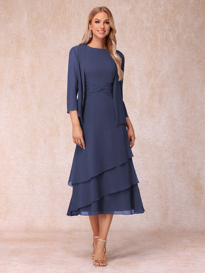 Robes de Soirée Mi-Longues sans Manches Fourreau/Colonne en Scoop avec Volants & Veste à Manches Longues