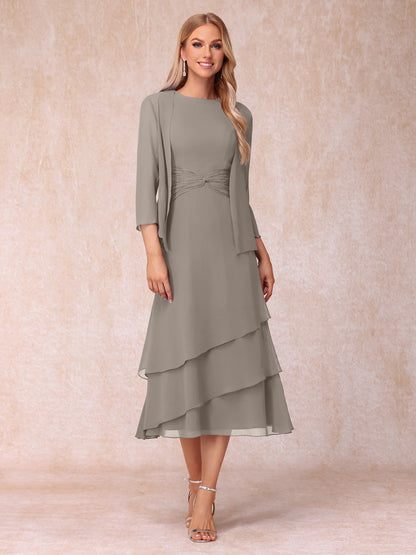 Robes de Soirée Mi-Longues sans Manches Fourreau/Colonne en Scoop avec Volants & Veste à Manches Longues