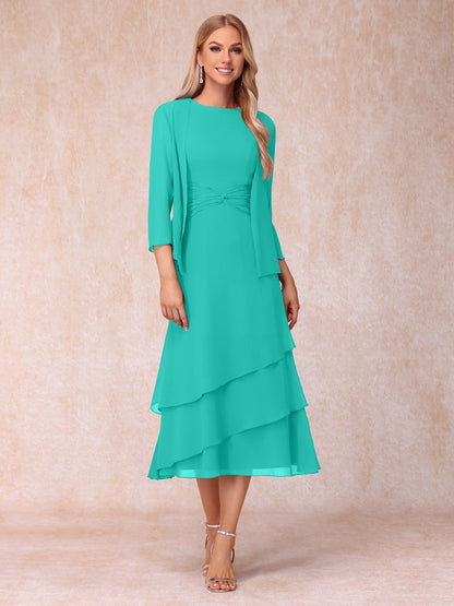 Robes de Soirée Mi-Longues sans Manches Fourreau/Colonne en Scoop avec Volants & Veste à Manches Longues