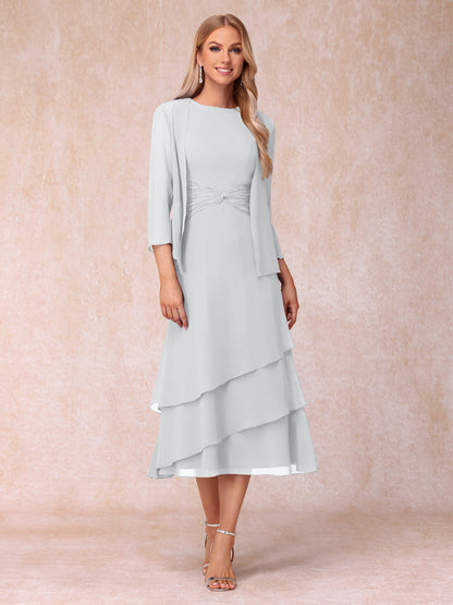 Robes de Soirée Mi-Longues sans Manches Fourreau/Colonne en Scoop avec Volants & Veste à Manches Longues