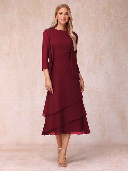 Robes de Soirée Mi-Longues sans Manches Fourreau/Colonne en Scoop avec Volants & Veste à Manches Longues