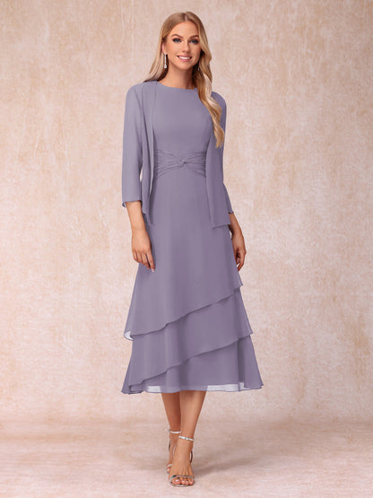 Robes de Soirée Mi-Longues sans Manches Fourreau/Colonne en Scoop avec Volants & Veste à Manches Longues