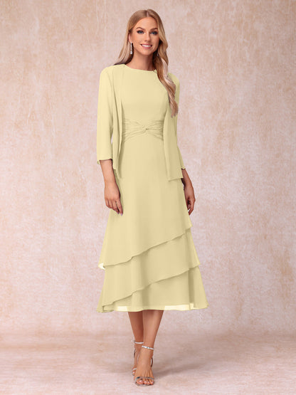 Robes de Soirée Mi-Longues sans Manches Fourreau/Colonne en Scoop avec Volants & Veste à Manches Longues
