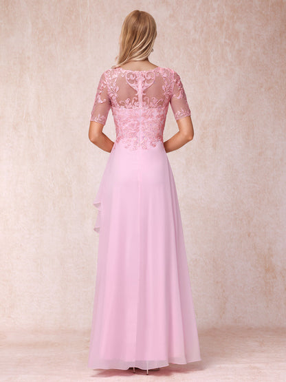 Forme Princesse Col V Manches courtes Longue Robes de soirée formelles avec Appliques