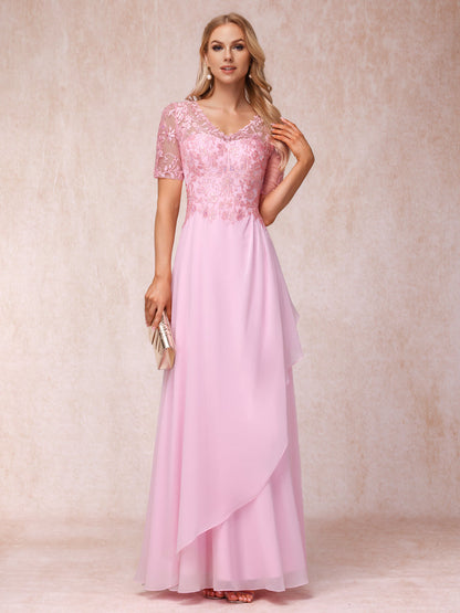 Forme Princesse Col V Manches courtes Longue Robes de soirée formelles avec Appliques
