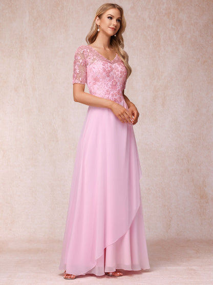 Forme Princesse Col V Manches courtes Longue Robes de soirée formelles avec Appliques