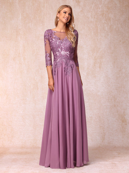 Forme Princesse Col Transparent Manches 3/4 Longue Robes de Soirée Formel avec Paillettes et Appliques