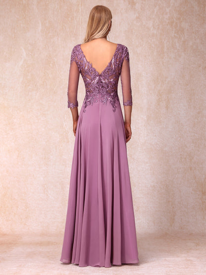 Forme Princesse Col Transparent Manches 3/4 Longue Robes de Soirée Formel avec Paillettes et Appliques