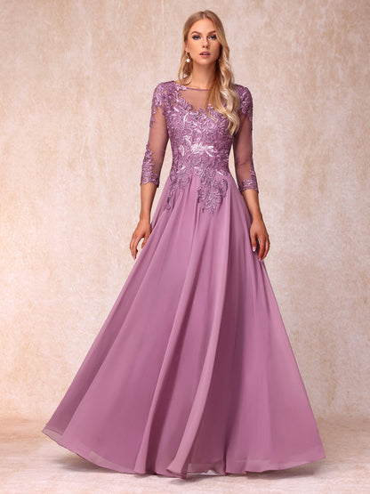 Forme Princesse Col Transparent Manches 3/4 Longue Robes de Soirée Formel avec Paillettes et Appliques