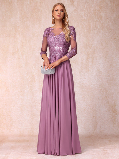 Forme Princesse Col Transparent Manches 3/4 Longue Robes de Soirée Formel avec Paillettes et Appliques