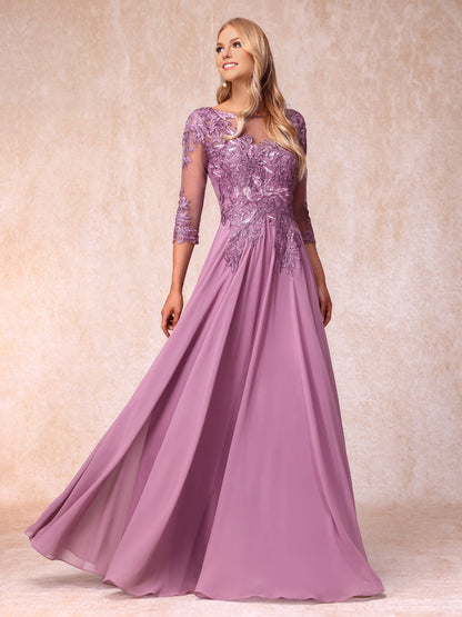 Forme Princesse Col Transparent Manches 3/4 Longue Robes de Soirée Formel avec Paillettes et Appliques