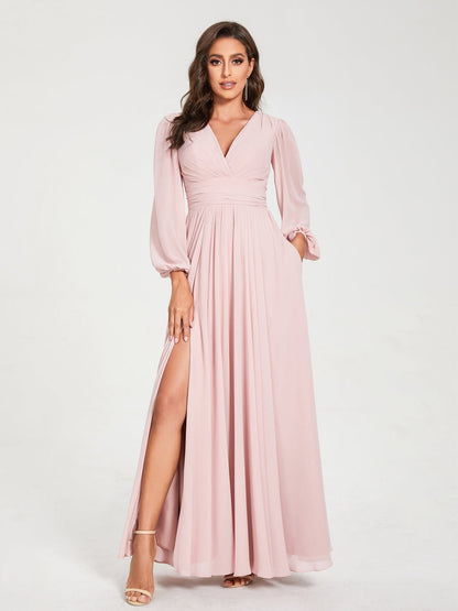Robes de Demoiselle d'Honneur Longues à Col en V en Mousseline avec Poches & Manches Longues