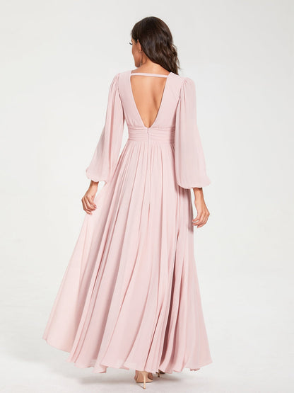 Robes de Demoiselle d'Honneur Longues à Col en V en Mousseline avec Poches & Manches Longues