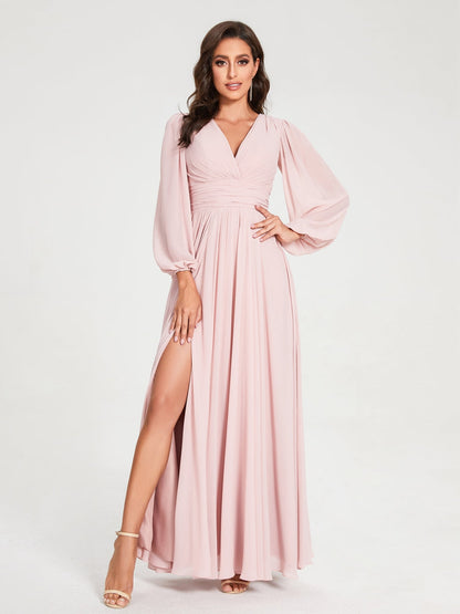 Robes de Demoiselle d'Honneur Longues à Col en V en Mousseline avec Poches & Manches Longues