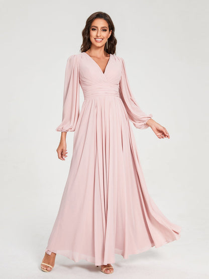 Robes de Demoiselle d'Honneur Longues à Col en V en Mousseline avec Poches & Manches Longues