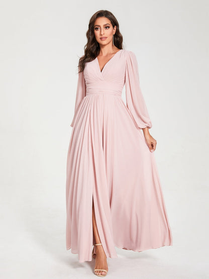 Robes de Demoiselle d'Honneur Longues à Col en V en Mousseline avec Poches & Manches Longues
