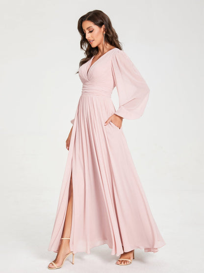 Robes de Demoiselle d'Honneur Longues à Col en V en Mousseline avec Poches & Manches Longues