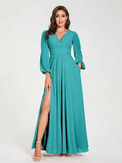 Robes de Demoiselle d'Honneur Longues à Col en V en Mousseline avec Poches & Manches Longues