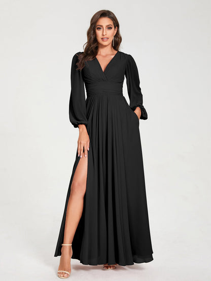 Robes de Demoiselle d'Honneur Longues à Col en V en Mousseline avec Poches & Manches Longues
