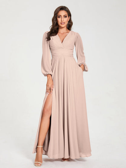 Robes de Demoiselle d'Honneur Longues à Col en V en Mousseline avec Poches & Manches Longues