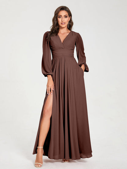 Robes de Demoiselle d'Honneur Longues à Col en V en Mousseline avec Poches & Manches Longues
