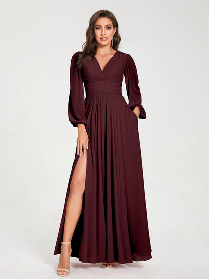 Robes de Demoiselle d'Honneur Longues à Col en V en Mousseline avec Poches & Manches Longues