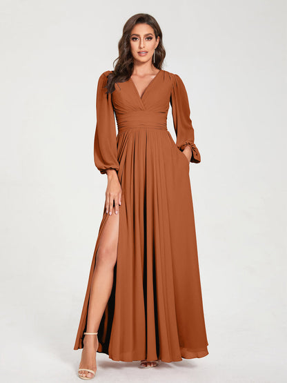 Robes de Demoiselle d'Honneur Longues à Col en V en Mousseline avec Poches & Manches Longues