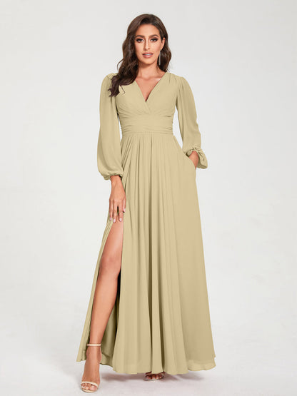 Robes de Demoiselle d'Honneur Longues à Col en V en Mousseline avec Poches & Manches Longues