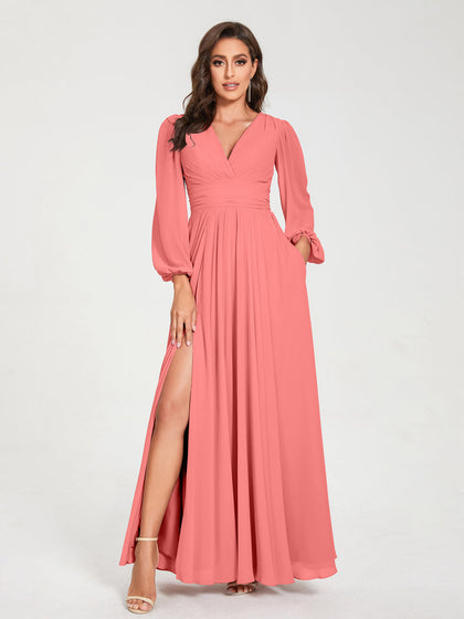 Robes de Demoiselle d'Honneur Longues à Col en V en Mousseline avec Poches & Manches Longues