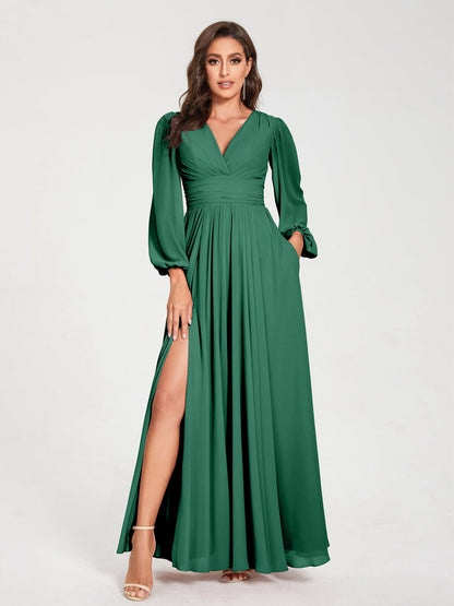 Robes de Demoiselle d'Honneur Longues à Col en V en Mousseline avec Poches & Manches Longues