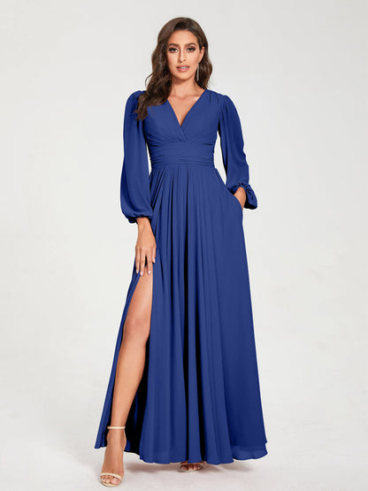 Robes de Demoiselle d'Honneur Longues à Col en V en Mousseline avec Poches & Manches Longues