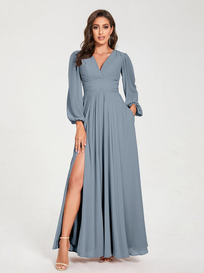 Robes de Demoiselle d'Honneur Longues à Col en V en Mousseline avec Poches & Manches Longues