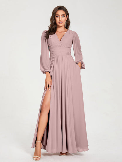 Robes de Demoiselle d'Honneur Longues à Col en V en Mousseline avec Poches & Manches Longues