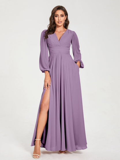Robes de Demoiselle d'Honneur Longues à Col en V en Mousseline avec Poches & Manches Longues