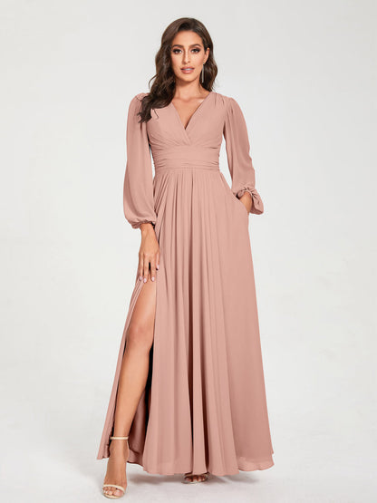 Robes de Demoiselle d'Honneur Longues à Col en V en Mousseline avec Poches & Manches Longues