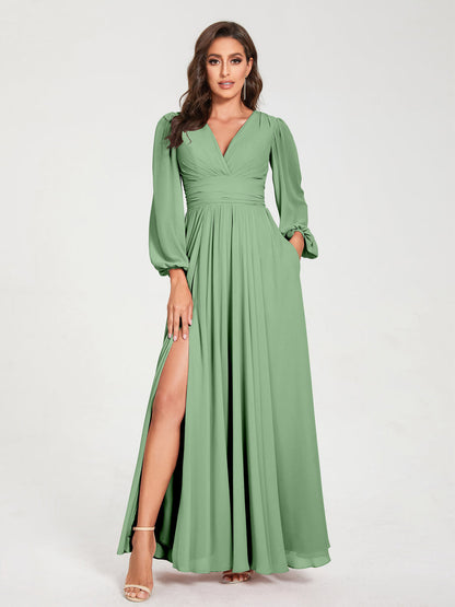 Robes de Demoiselle d'Honneur Longues à Col en V en Mousseline avec Poches & Manches Longues