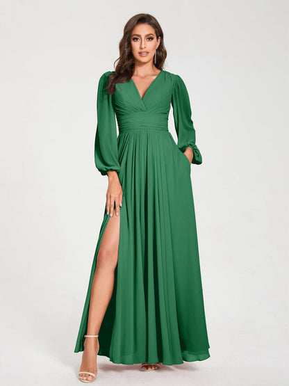 Robes de Demoiselle d'Honneur Longues à Col en V en Mousseline avec Poches & Manches Longues