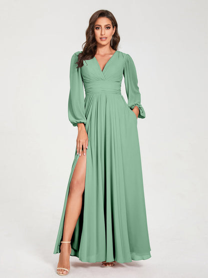 Robes de Demoiselle d'Honneur Longues à Col en V en Mousseline avec Poches & Manches Longues