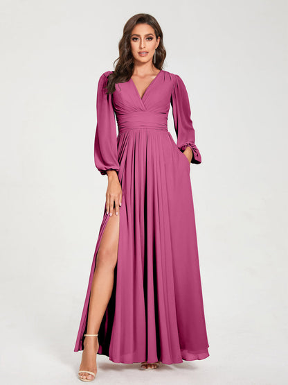 Robes de Demoiselle d'Honneur Longues à Col en V en Mousseline avec Poches & Manches Longues