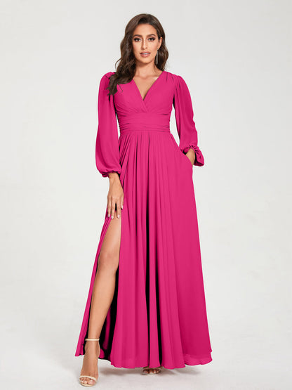 Robes de Demoiselle d'Honneur Longues à Col en V en Mousseline avec Poches & Manches Longues